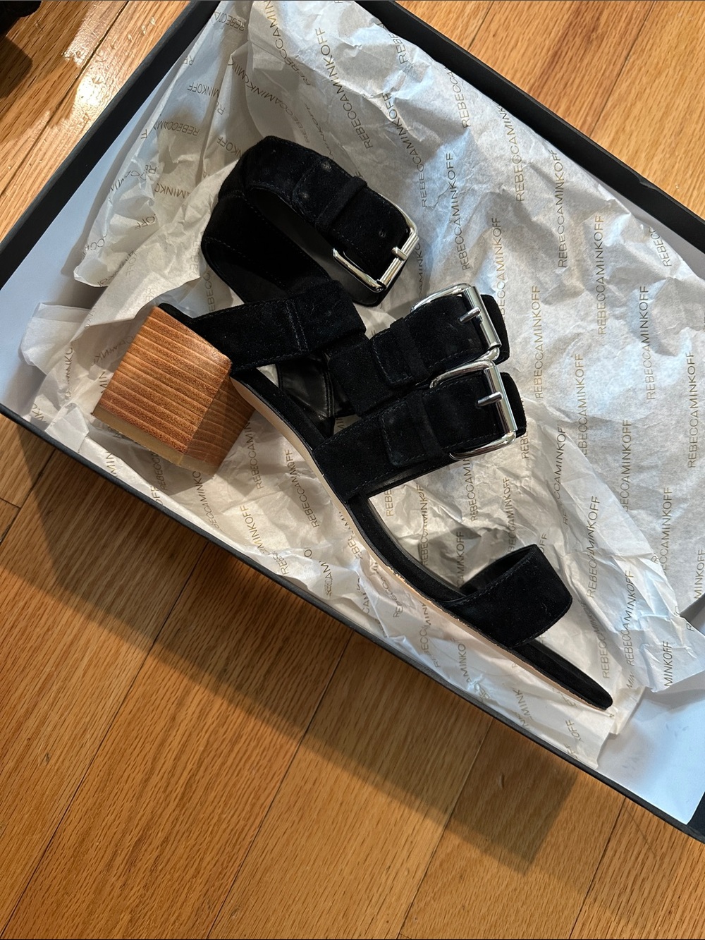 Rebecca Minkoff 8.5 Black Suede Triple-Buckle Block Heel Sandals